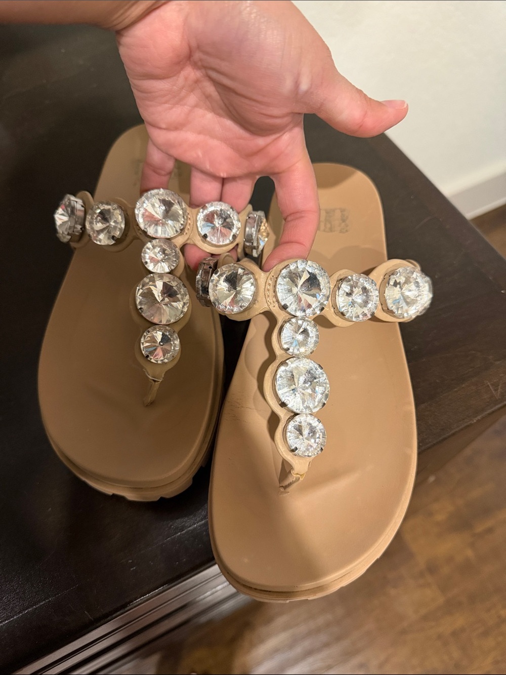 Gianni Bini Beige Gemstone T-Strap Women's Sandals